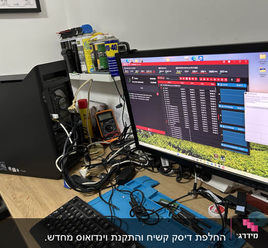 מחשב שולחני עם מסך תוכנה פתוח וכלי עבודה